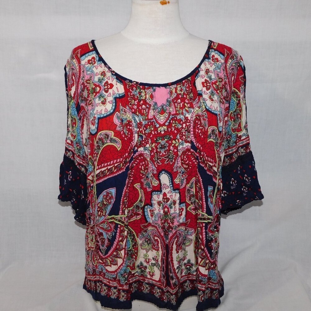 Bila Rayon Cold Shoulder multicolour Short Sleeve Peasant Top Blouse Womens XL